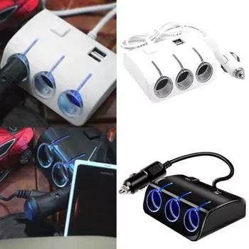 Двойной USB-порт, 3 гнезда для прикуривателя, адаптер для автомобильного зарядного устройства для быстрой зарядки чёрный