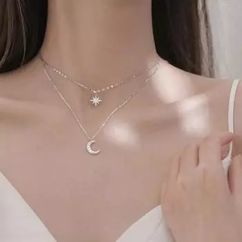 Двухслойное ожерелье для женщин, колье-чокер с мерцающей звездой и луной, ожерелье с подвеской из искусственного бриллианта, цепочка на ключицу со стразами, ювелирные аксессуары серебряный