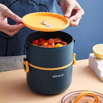 Двухслойный круглый ланч-бокс Bento для взрослых детей, пластиковый контейнер для хранения еды, портативная студенческая посуда для пикника, герметичная
