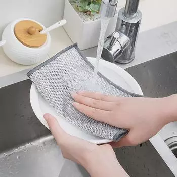 Двусторонняя кухонная тряпка из серебристой стальной проволоки: Замена стальной ваты на антипригарное масло, скребок для кухонных плит и кастрюль. Single layer 20*20