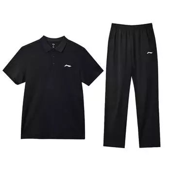 Дышащий прямой топ с короткими рукавами и принтом логотипа Li Ning, быстросохнущие длинные брюки, повседневный спортивный костюм, мужской костюм, стандартный черный YPLU073-2+AYKU703-1 XL