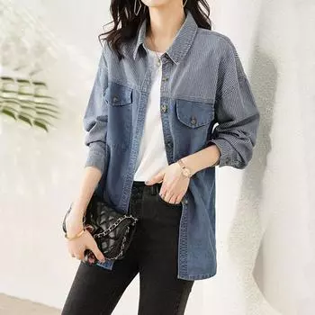 Джинсовая повседневная блузка с воротником поло, женская корейская полосатая однобортная свободная рубашка с длинным рукавом, женская одежда XXXL синий