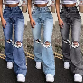 Джинсовые широкие брюки, рваные джинсы Bootcut XXL светло-синий