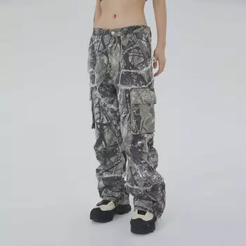 Джинсы для спецодежды High Street American Hip-Hop Raw Edge с несколькими карманами 2023 года: Мужские прямые широкие брюки, женские свободные брюки 4XL камуфляжный