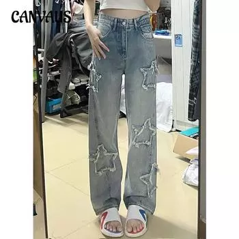Джинсы с нашивками Star Raw Edge, женские весенне-летние свободные прямые брюки с широкими штанинами S синий
