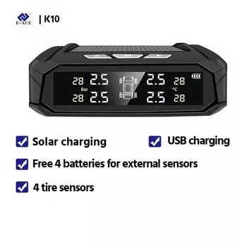 E-ACE Автомобильная TPMS Система контроля давления в шинах Автоматический дисплей Мониторинг сигналов тревоги USB-зарядка Оповещение о температуре с 6 датчиками K10-external Sensors