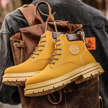 EAEOVCNIMen Retro Work Shoes Autumn Winter Thick Bottom High Top Non Slip Warm Casual Boots Leather Lace-up Big Head Tooling Boo 39 верблюд