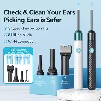 Ear Wax Removal Wireless Rechargeable Ear Cleaner 8 Megapixels Earscope Camera with 6 Pcs Ear Spoon Set 3 kinds Inspection Tools белый