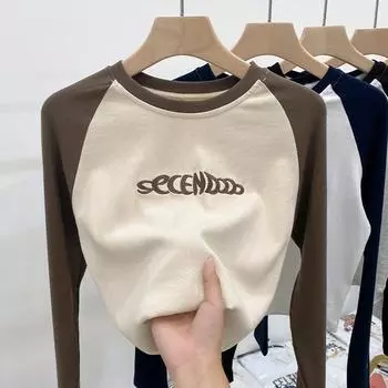 Early autumn new American retro letter long-sleeved T-shirt for women, right shoulder, stylish student bottoming shirt, inner top S