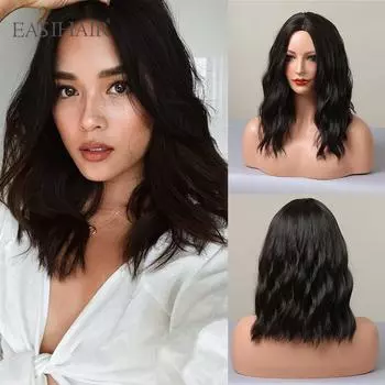 EASIHAIR Короткие волнистые парики Боб, черные синтетические парики, средняя часть для чернокожих женщин, косплей, повседневные волосы, термостойкое волокно