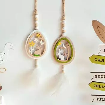 Easter Beads Ornament Wood DIY Egg Shape Door Wall Pendant Courtyard Hanging Home Party Decorations
