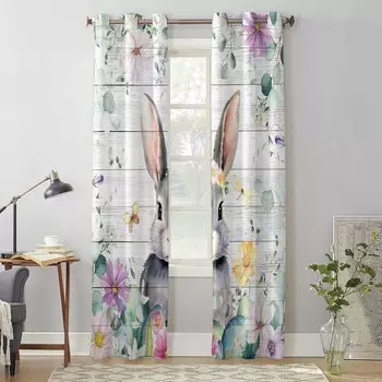 Easter Spring Flowers Bunny Wood Grain Window Curtains for Living Room Bedroom Curtain Modern Kitchen Blinds Drapes Curtains 135W x 60H(cm) x1