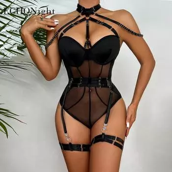 Echonight Необычный женский боди с подвязками Сексуальный боди-лодочка Цельный купальник Sissy Teddy Эротический халтер Открытый крох Babydoll S