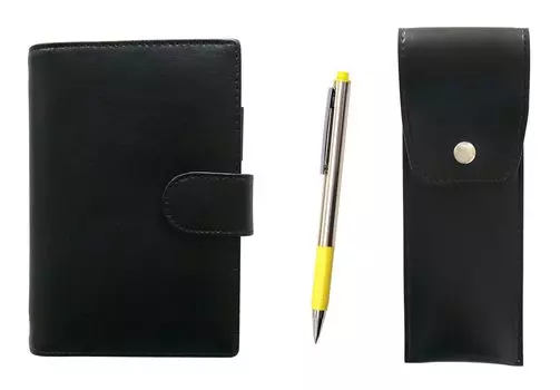 Eco B7 Cowhide Mini System Notebook и чехол для ручки с круглыми кнопками, черный FB325, набор шариковых ручек с прямым стуком, желтый LS002B-BRSB-FB325-Y жёлтый