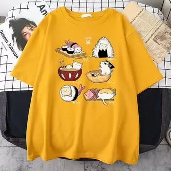 Еда милый кот суши мультяшный стиль хлопок с коротким рукавом Harajuku повседневные математические футболки оверсайз модная женская футболка одежда S