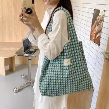 Edition Refreshing Lake Blue Vest Bag Fashion Checked Braided Handheld Shoulder Bag Student Class Cloth Bag