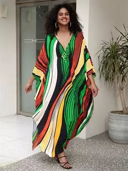 EDOLYNSA Boho Женское кафтан больших размеров Пляжное платье макси Летняя пляжная одежда в полоску с принтом Купальник с v-образным вырезом Свободные домашние платья Q1628 One Size разноцветный
