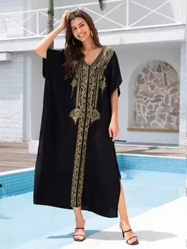 EDOLYNSA Boho Gold Вышитый Напечатанный Рукав Летучая Мышь Платье Кафтан Для Женщин Сексуальный V-образный Вырез Пляжная Одежда Купальник Для Отдыха Накидки Q1700 One Size чёрный