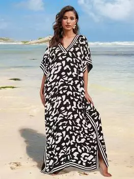 EDOLYNSA Плюс Размер Boho Черно-Белый Леопардовый Принт Кафтан Пляжная Одежда Купальник Для Женщин 2024 Летнее Пляжное Платье Свободные Домашние Платья-Кафтан Q1609 One Size белый/чёрный