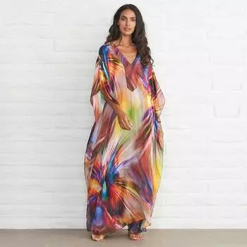EDOLYNSA Быстросохнущий халат Mrs Roper с v-образным вырезом, свободный кафтан, женское длинное платье в стиле бохо, разноцветная одежда для отдыха, пляжный купальник, накидка Q831 One Size разноцветный