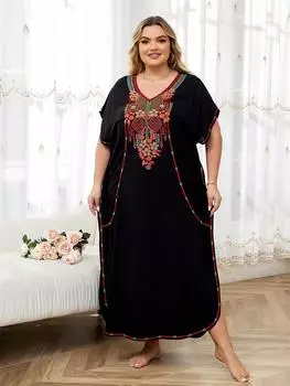 EDOLYNSA стильный черный кафтан с цветочной вышивкой больших размеров, летнее длинное пляжное платье, женская домашняя одежда, купальный костюм, свободный кафтан One Size чёрный