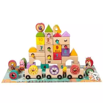Educational Wooden Fruit Train Building Blocks For Digital English Cognition Toy