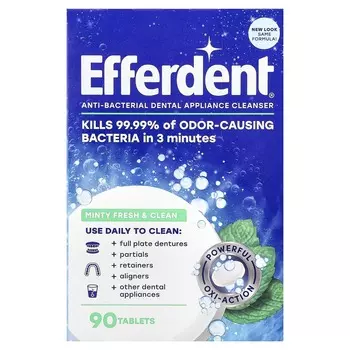 Efferdent, антибактериальное чистящее средство для стоматологических приспособлений, Minty Fresh & Clean, 90 таблеток