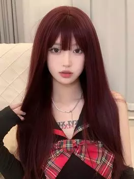 Eileen Cute Wine Red Medium Long Full Harajuku Small Face поставляется с сетчатым париком, париком, Женским париком, Прямым, Натуральным, Стильным, Популярным, Эффектом, вино красного
