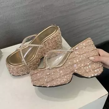 Eilyken CRYSTAL Sequin Ткань ПВХ Прозрачная Платформа Клинья Женские Тапочки Элегантные Высокие Каблуки Банкетная Вечеринка Обувь 35 чёрный