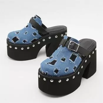 Eilyken Design Rivet Belt Buckle Platform Wedges Women Slippers Elegant Round Toe Chunky Heels Pumps Mule Shoes 34