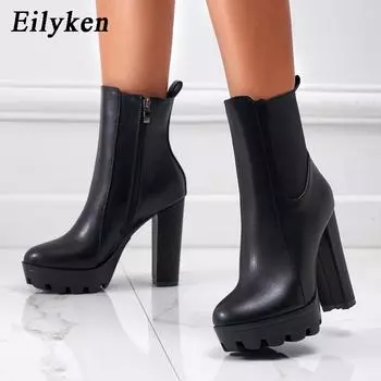 Eilyken/Новые модные женские ботильоны на платформе на массивном высоком каблуке, лаконичные короткие ботильоны из мягкой кожи на молнии, дизайнерская обувь 35 чёрный