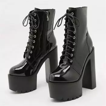 Eilyken Punk Style Platform Patent Leather T-tied Women Ankle Boots Autumn Winter Round Toe Square High Heels Shoes 34