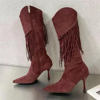 Eilyken Sexy Design Fringe Thin High Heels Women Knee-High Boots Fashion Pointed Toe Zipper Shoes Stripper Ladies Booties