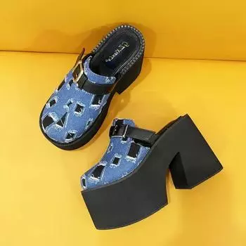 Eilyken Spring Design Belt Buckle Chunky Platform Wedges Women Slippers Elegant Round Toe Square High Heels Mule Shoes 34