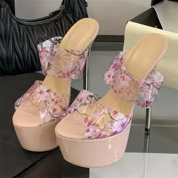 Eilyken Summer PVC Transparent Platform Open Toe Women Slippers Sexy Flower Stiletto High Heels Banquet Party Prom Shoes 35