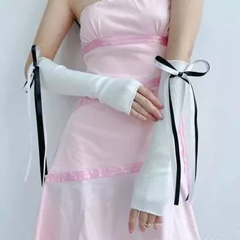 Elastic Ballet Style Bow Knitted Arm Warmers Ribbon Fingerless Gloves Y2K Warm Sleeves Lolita розовый