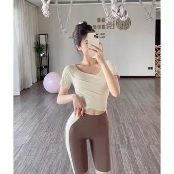 Elastic Yoga Clothes Quick-Drying Short-Sleeved T-shirt Women s Summer Thin Running Fitness Clothes Pilates Training Sports Tops Milk yellow short sleeve L