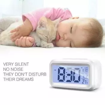 Electronic Wall Clock Silent Mini Alarm Date Backlight 12/24H Temperature Week Countdown Powered Digital Clocks. Battery Desk белый