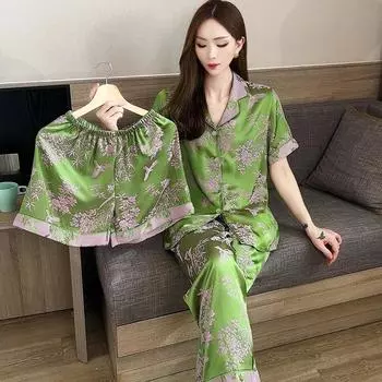 Elegant Classical Old-fashioned Flavor Women s Pajamas Chinese Flower & Bird Print Sleepwear New Autumn Y2k Home Nightwear XXL зелёный