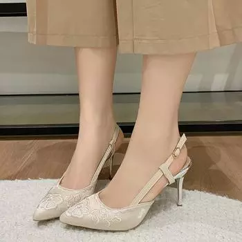 Elegant Embroider Floral Pumps Women Pointed Toe Slingbacks High Heels Shoes Woman Embroidery Stiletto Heels Party Shoes Ladies 34 бежевый