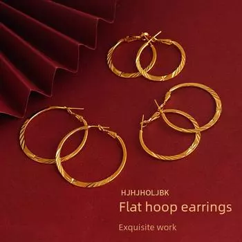 Elegant Gold Sand Flat Circle Earrings for Women - High-Grade Copper Buckle, Simple and Stylish Jewelry
