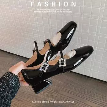 Elegant High Heels Women Double Buckle Straps Mary Jane Shoes Low Heel Pumps Luxury Patent Leather Rhinestone Party Dress Shoes 35 чёрный