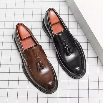 Elegant Men Social Casual Shoes Pointed Thick bottom Loafers For Men Driving Moccasins Comfortable Slip-On Tassel Wedding Shoes 38 чёрный