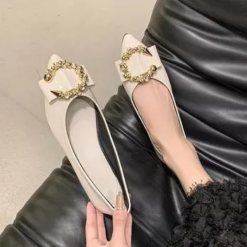 Elegant Simple Pointed Toe Leather Shoes 2024 Autumn New Fashion Shallow Mouth Women s Single Shoes Soft Comfortable Work Shoes 35 бежевый