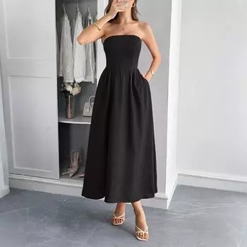 Elegant Strapless A-line Long Dress for Women s Wear In Summer 2025 S чёрный