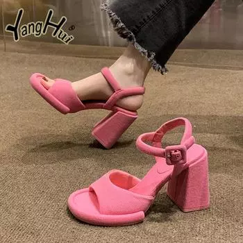 Elegant Temperament Party Thick High Heels Pumps 2024 New Fashion Exposed Toes Non-slip Printing Women s Sandals Summer 34 розовый