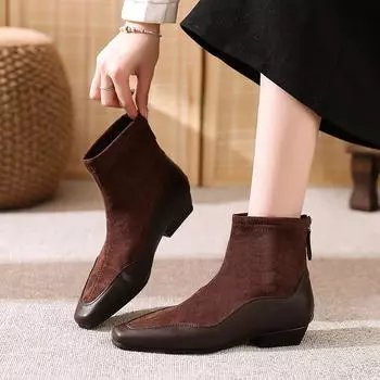 Elegant Velvet Ankle Boots Square Toe Patchwork Back Zip Closure Heels 2024 Autumn Female Shoes Boots 34 чёрный