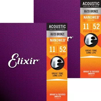 Elixir Elixir струны для акустической гитары NANOWEB 8020 бронза Custom Light .011-.052 #11027 набор из 2 []