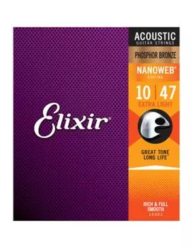 Elixir Nanoweb Фосфорная бронза Extra-Light Anti Rust (Струны с покрытием) для акустической гитары 16002