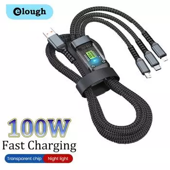 Elough 100W 3 в 1 Сверхбыстрый зарядный кабель 6A Micro USB Type C IOS Кабель для передачи данных Провод для мобильного телефона серый